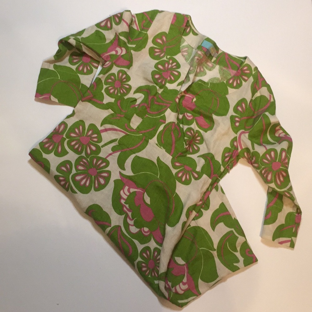 Boden Linen Dress with Green & Pink Detail
